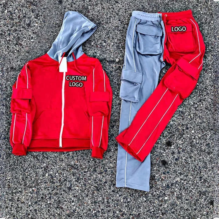 Custom Sweat Suits Unisex Two Tone 100% Cotton Sweatpants and Hoodie Set Oversized Cargo Embroidery Stacked Cargo Tracksuit Set gallery 10