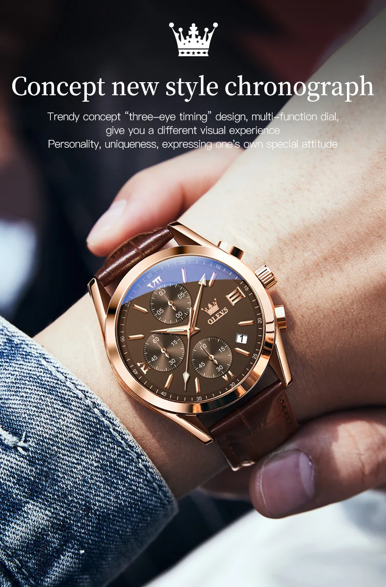 OLEVS Reloj 2872 Top Brand Luxury Waterproof Clock Brown Leather Sports WristWatch Relogio Masculino Quartz Watch For Men