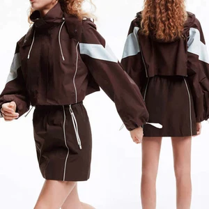 Huili Nylon Brown Crop Top and Shirt Matching Set Zip up Athletic Jacket Hoodie Custom Logo Windbreaker 2 Sets Outfits for Women