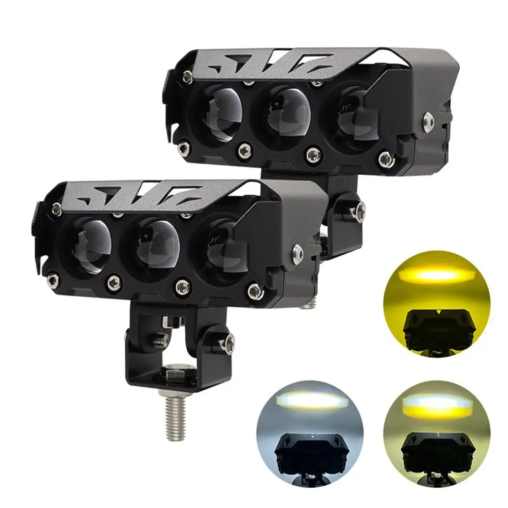 Motorcycle LED Spotlight Tri Lens Projector White Yellow Headlight Fog Light Auxiliary Lamp for Trucks SUVs UTVs Car 12V 24V
