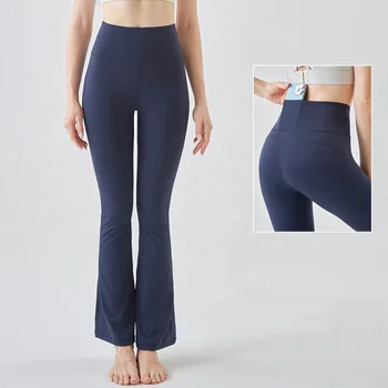 Custom Logo High Waist Inside Pocket Butt Lift Gym Fitness Sports Pants Workout Tights Yoga Seamless Flare Leggings