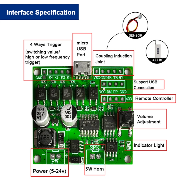 IO Multiple Trigger Module Serial Electronic Sound Board MP3 Voice PCB