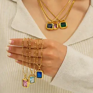MW Light Luxury Niche Retro Geometric Stainless Steel Inlay Exquisite Colorful Zircon Pendant Personalized Simple Chain Necklace