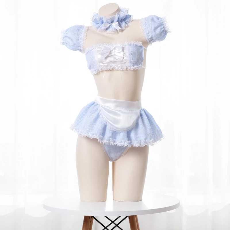 kawaii niñas caramelo novia cosplay maid strapless encaje plaid sexy ropa  interior conjunto anime sexy camisolas falda conjunto