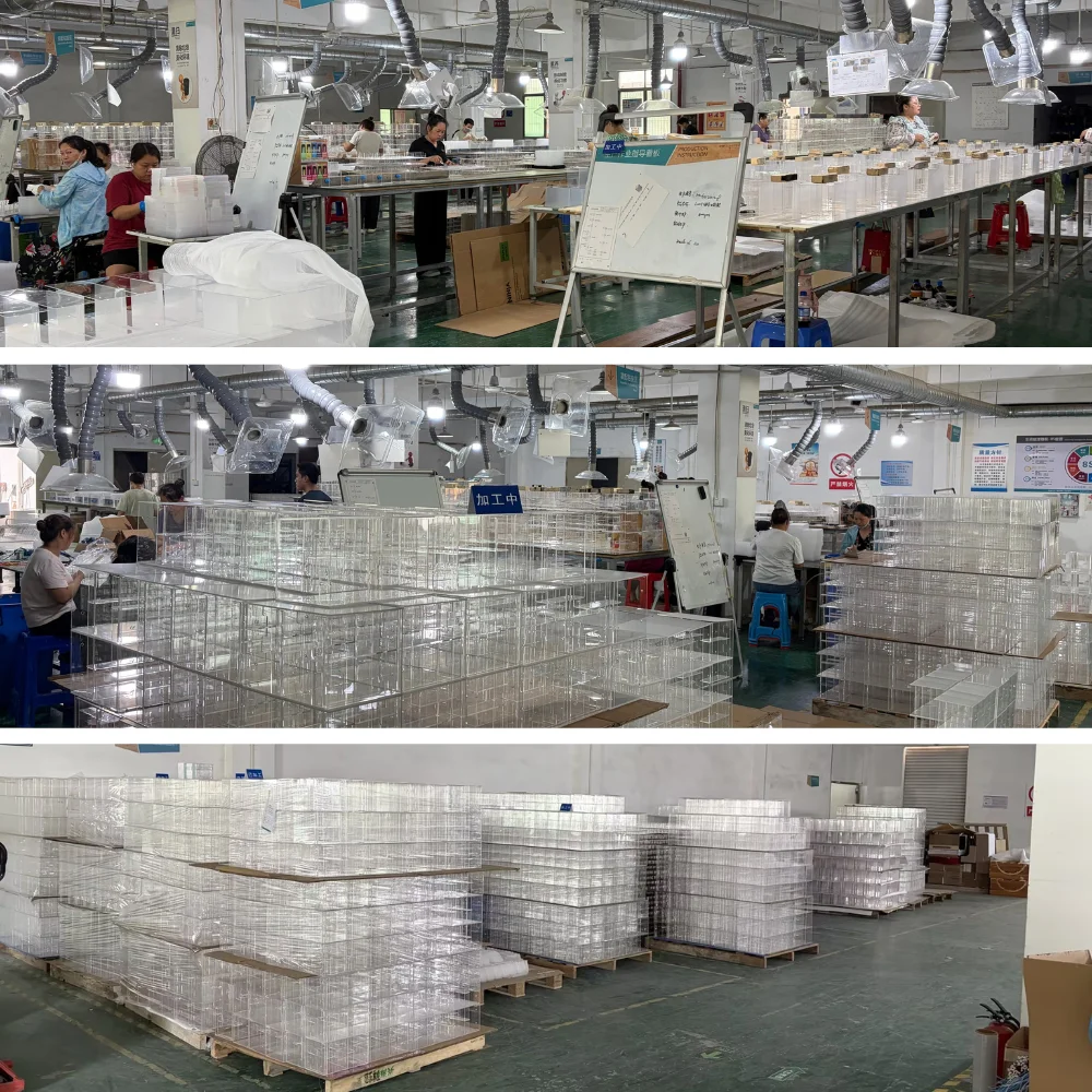 High Volume Acrylic Cosmetic Display Stand Mass Production Factory Warehouse Line