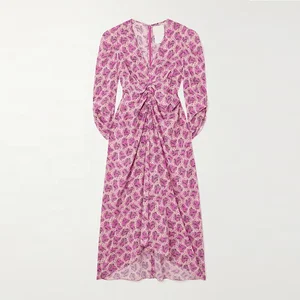 Clothing Manufacturer Custom Spring Autumn V Neck Long Sleeve Printed Silk Blend Women Elegant Casual Midi Dress
