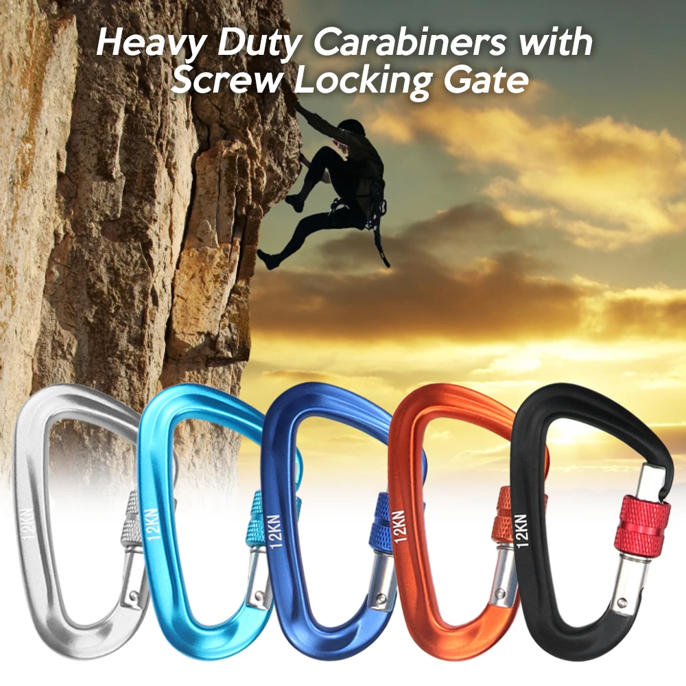 BT-L17 Black 12KN Aluminum Rock Climbing Safety Carabiner D Shape Locking Screw Carabiners