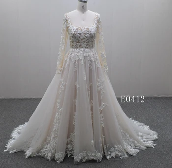 Square neckline long sleeve applique lace lace back lace-up wedding dress