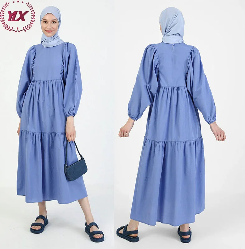 Modanisa Women Blue Solid Crew Neck Back Keyhole Button Solid Colour Muslim  Long Sleeve Cuff Pretty Long Dress Jalabiya