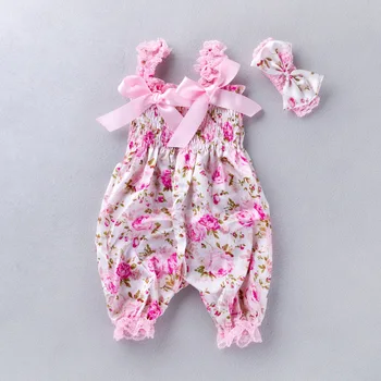 Wholesale Girls Headband Floral Printing Baby Clothes Straps Jumpsuit Long Climbing Clothes Newborn Baby Rompers