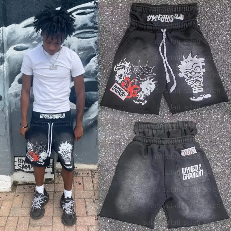 Custom Men Heavyweight Cotton Shorts Screen Print Sun Faded Double Waisted Baggy Distressed Acid Wash Track Jogger Sweat Shorts gallery 2
