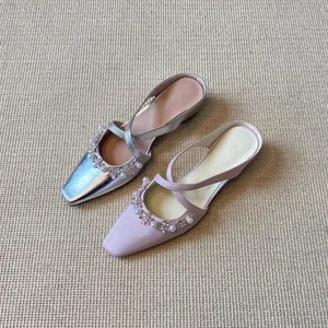 QuiteS 2026 Women's Elegant Office Casual Slip-on Slippers New Summer Half Pearl Cross Strap Small Square Toe Outdoor Sandal