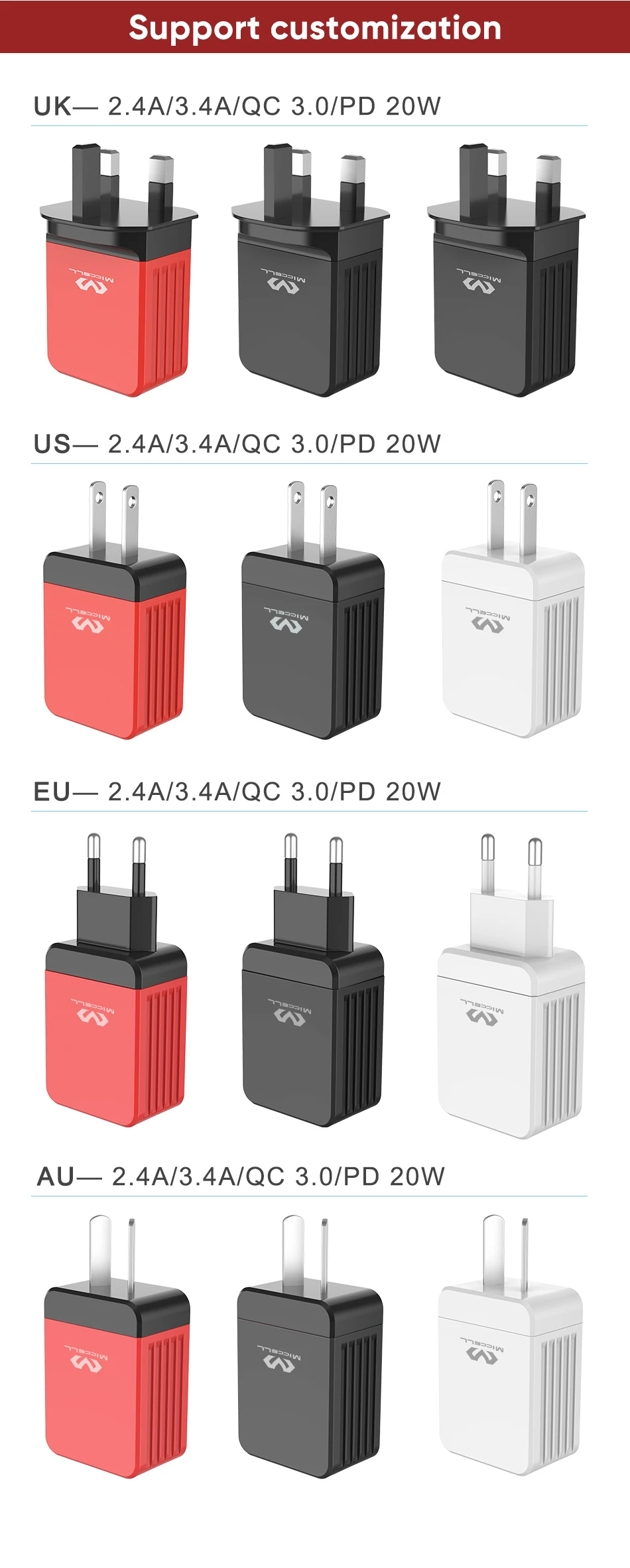 OEM mobile phone accessories branded wholesale 2.4A 3.4A QC3.0 PD18W usb charger guangzhou China charger accessories