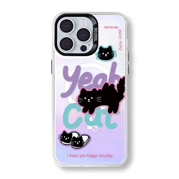 3D Laser cute black cats cartoon phone holder for iPhone 7 8 X XR 11 12 13 14 15 Promax matte magnetic phone case