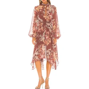 Women's Fashion Chiffon Puff Long Sleeve V-neck Empire Waist High Street Elegant Midi Dress Floral Print Pleat Tie Bow Collar