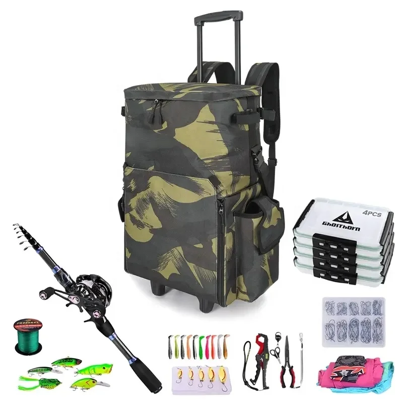 Custom Large Waterproof Rolling Fishing Tackle Box 4 Rod Holders Fishing  Bag Backpack with Wheels