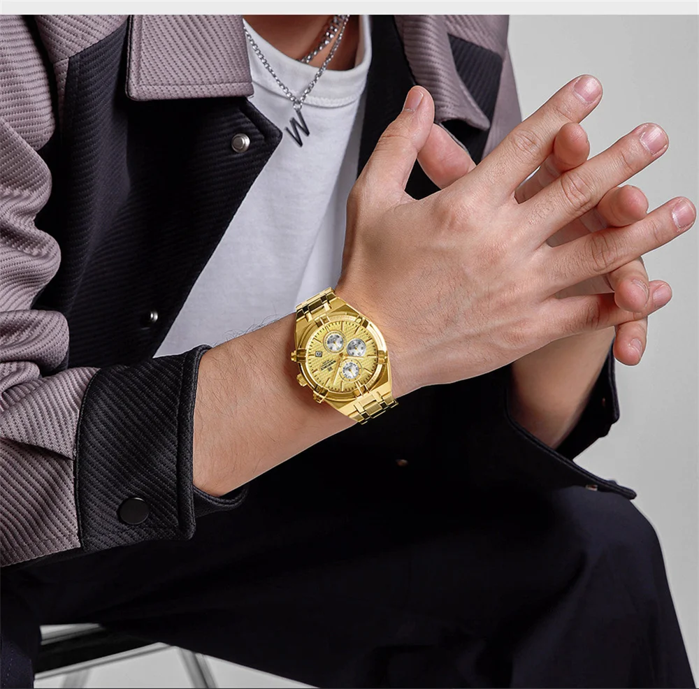Wrist Mens Small Gold Watch Round E157: Golden Dial Golden Belt