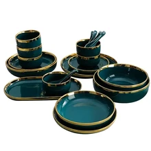 Dinner Plate Ceramic Tableware Set Porcelain Ceramics Plates Dinnerware Gilt-edged Ceramic China Nordic Dark Green Party Accept