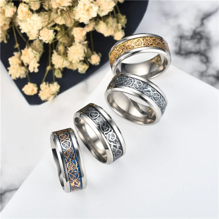 Men's Stainless Steel Ring With Chain Link Inlay - 8mm Wide, Sizes 7 To 14.5, Silver/Black/Gold