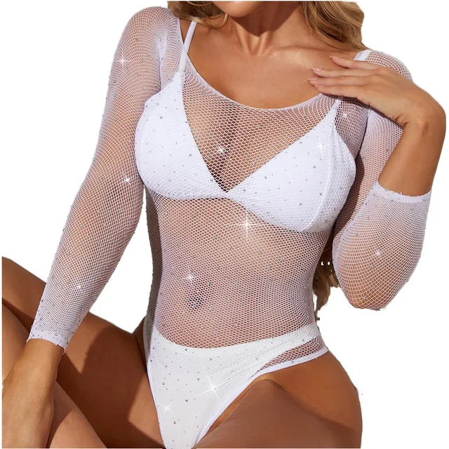 Hot Selling Women's Sexy White Fishnet Teddy Bodysuit Rhinestone Studded Wholesale Supply without Liner