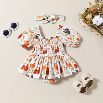 Infant toddler cock print short-sleeved rompers baby girl Summer cute rompers + Hair band