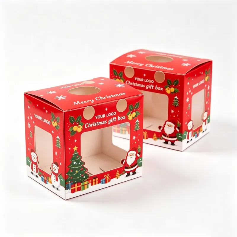 Rød julegaveboks for leker, kvadratisk hvit pappboks med vindu, klassisk festlig designpakkeboks med santa-trykk