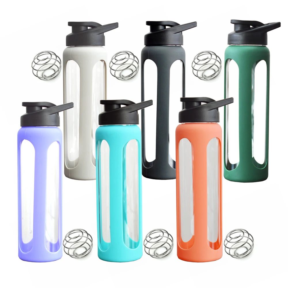 Glass Water Bottle With Silicone Sleeve Leak Proof Flip Top Protein