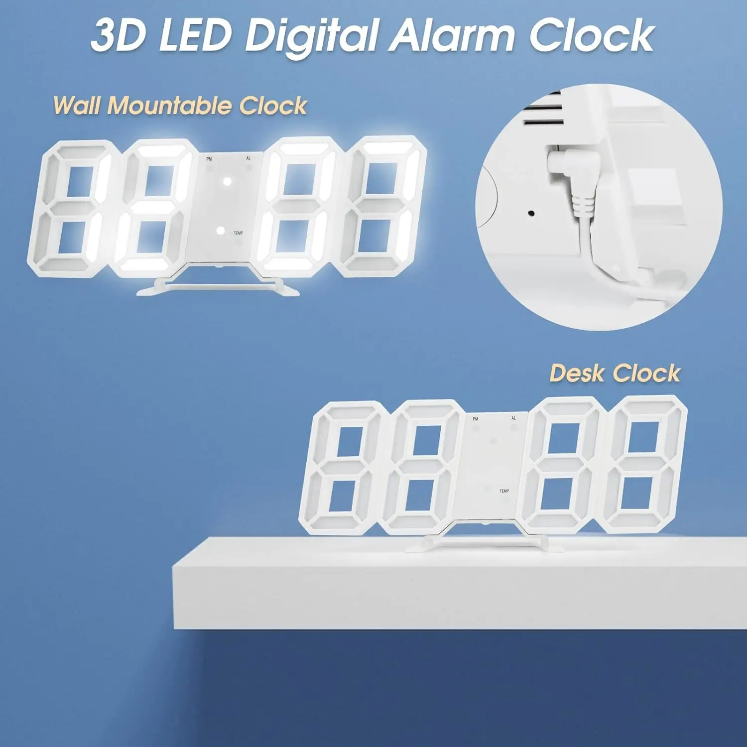 Hot Sale Ins Modern Home Decor 3 Brightness Levels Night Light Wall Table Desk 3D White Digital LED Alarm Clock