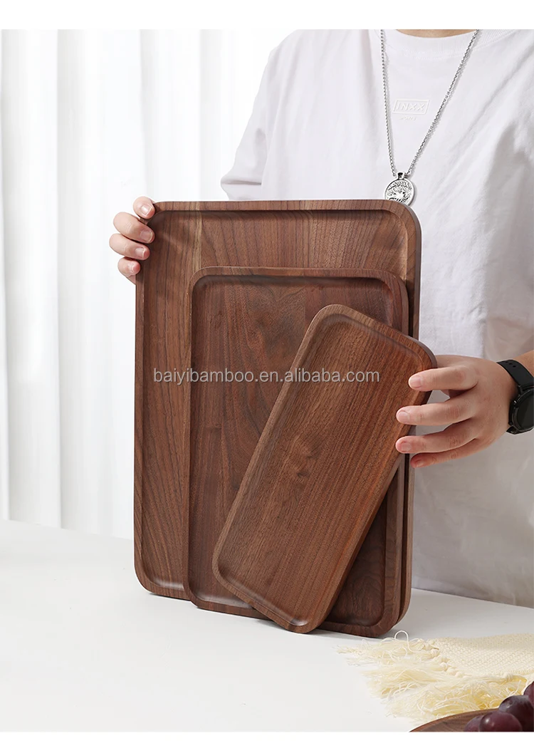 Modern Simple Walnut Solid Wooden Storage Serving Tray Handcrafted Breakfast Trays for Kitchen Houseware Use Dishes & Plates