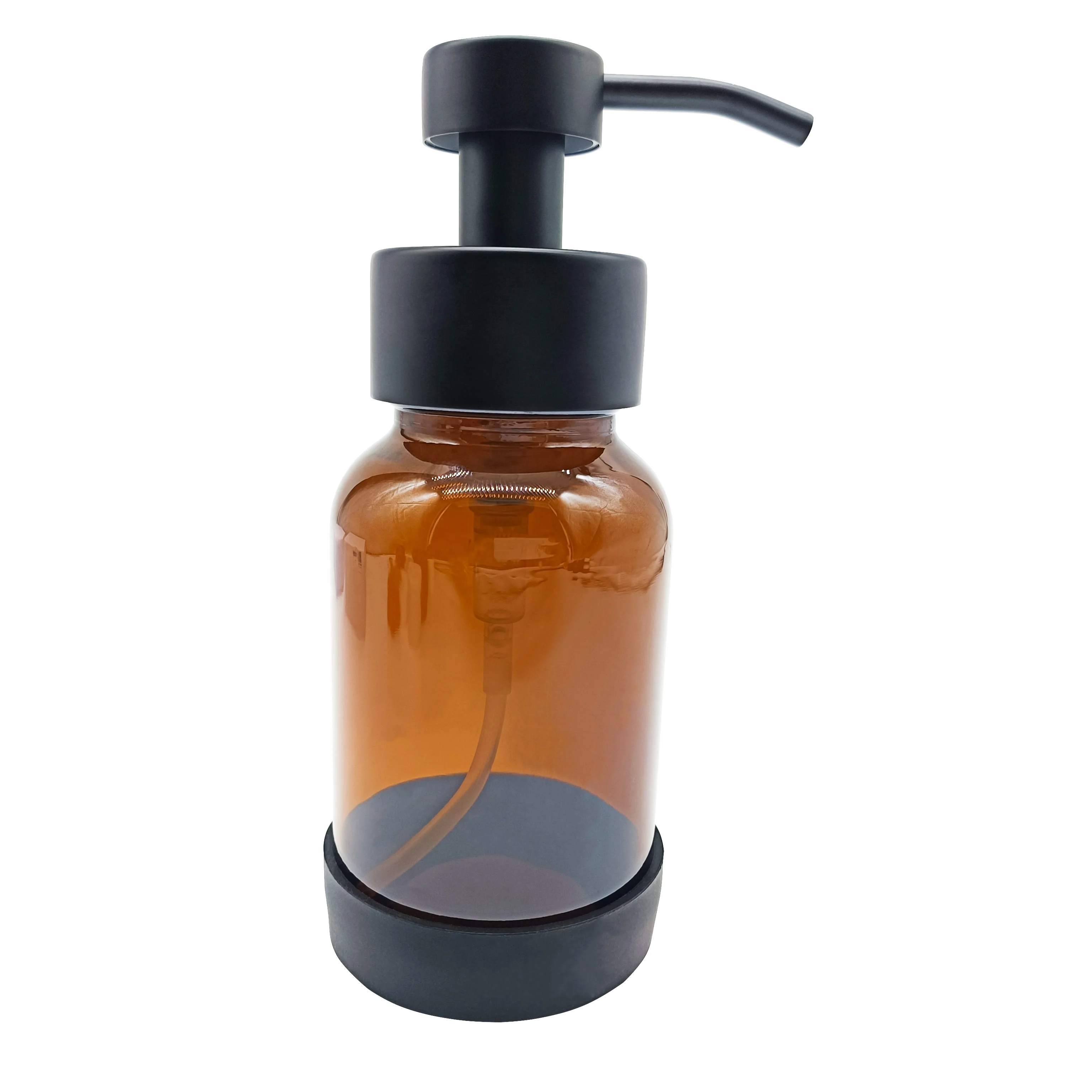 250ml Amber Glass foam bottle with matte black stainless steel foam soap pump dispenser