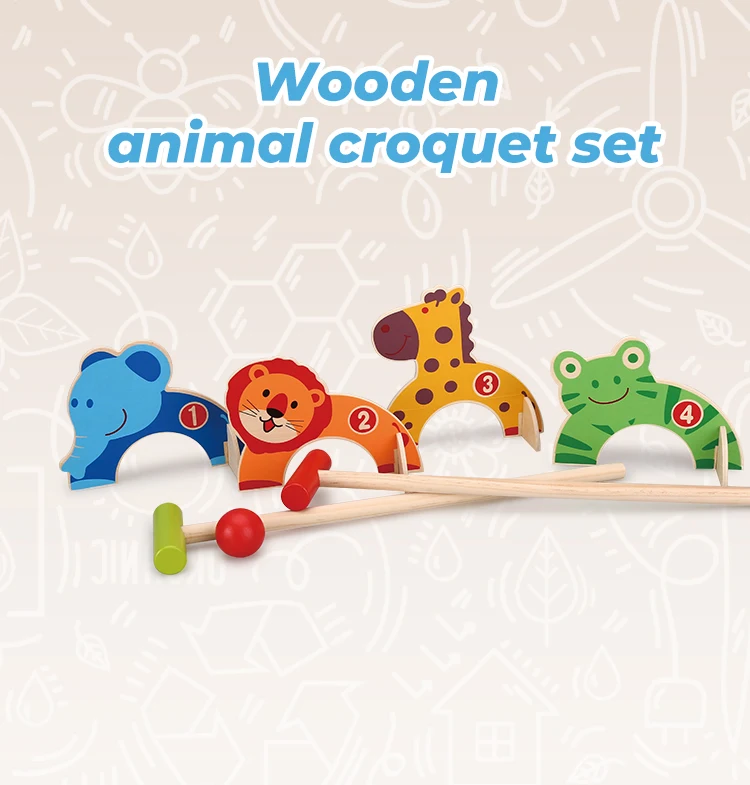Kick Croquet Game Cartoon Wooden Animal Croquet Set Toddler Outdoor Toys Funny Lawn Games