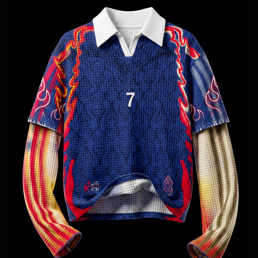 Uliční móda, přizpůsobitelný top s dvojím rukávem z vlnitého pleteného materiálu, mužské dlouhé tričko ve sportovním stylu s retro pruhovaným vzorem a digitálním potiskem DTG