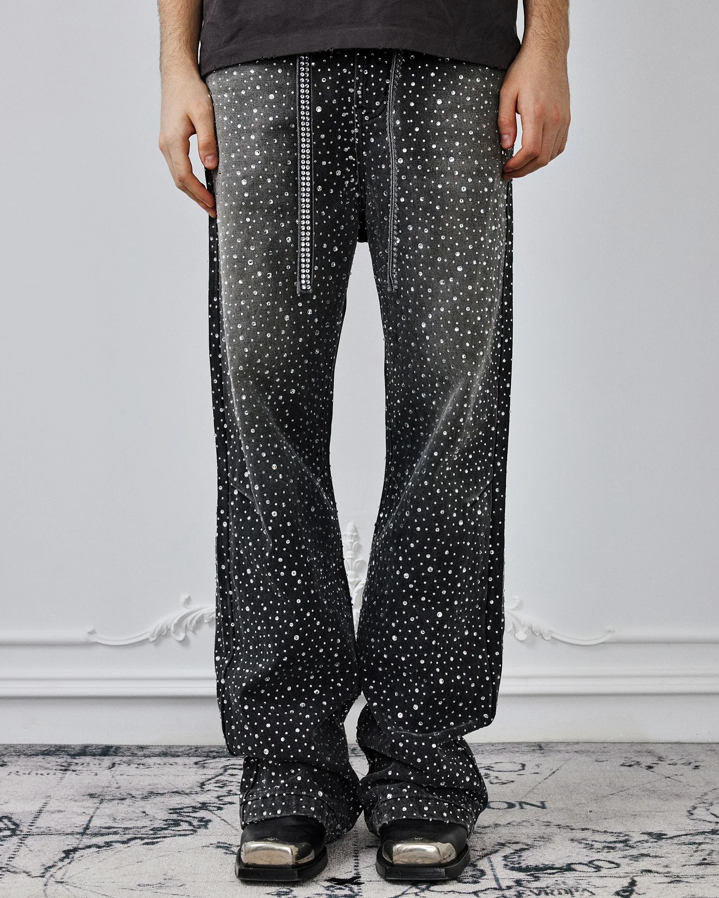Salati Custom Y2K Designer Straight Loose Full Rhinestone Print Boot Cut Distressed Vintage Mans Flared Denim Pants Men's Jeans gallery 4