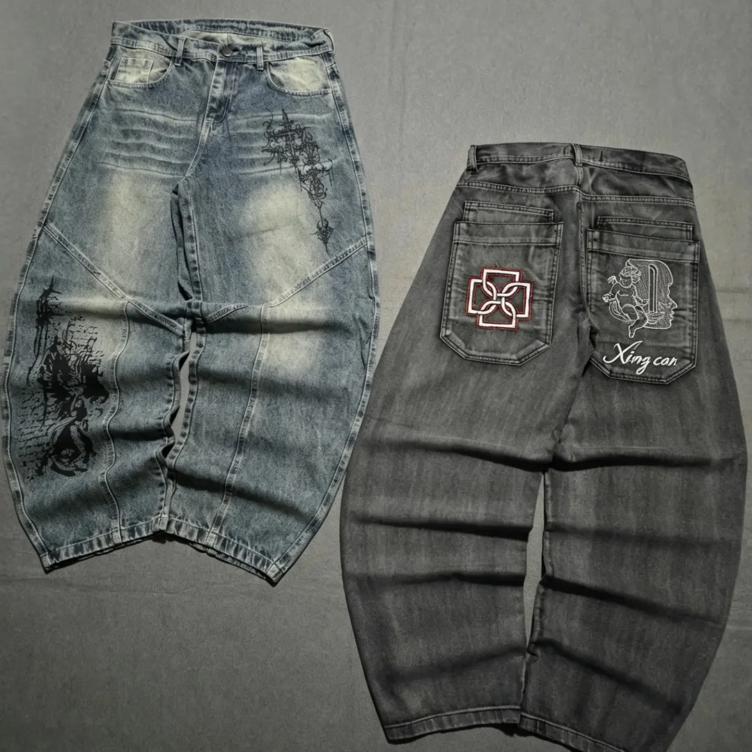 Nadstandardní unisex džíny s vysokým pasem a širokými nohavicemi, 300 GSM, vintage styl s kyselinovým praním, denimové kalhoty s potiskem a vyšitím, premium OEM streetwear