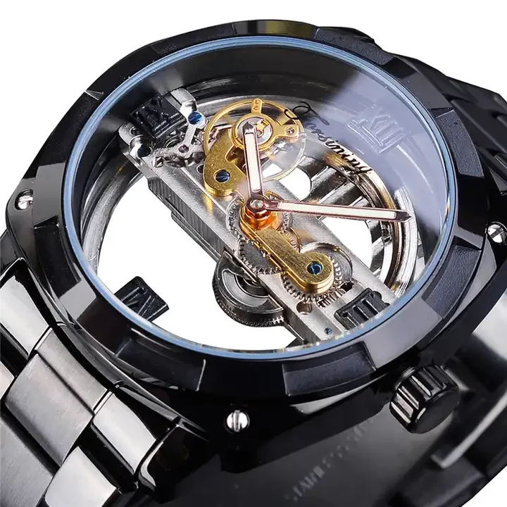 Winner GMT1165 Mechanical Skeleton Automatic Watch Men Transparent Design Stainless Steel Strap Wristwatches for Men Relojes