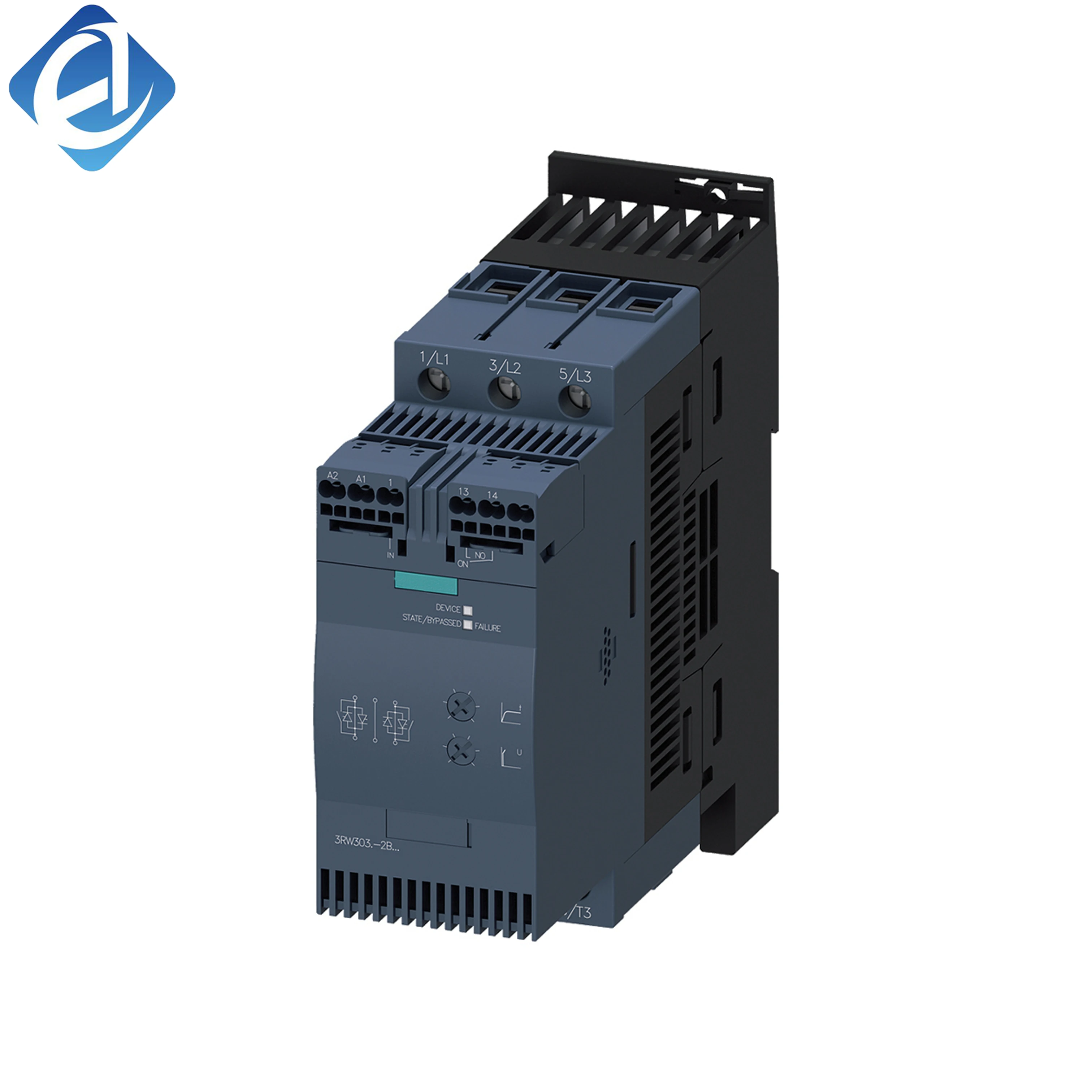 New Original 3RW3038-1BB04 soft starter for Siemens SIRIUS 3RW30 series, suitable for 380–400V AC three-phase motors up to 37kW, providing smooth start and stop control, reducing current surge and mechanical stress. 