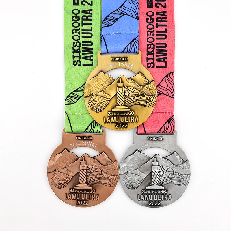 WTD Custom Design Marathon Running Medals 15/60/120k Die Casting Gold Silver Bronze Round Shape Trail Run Medal With Ribbons