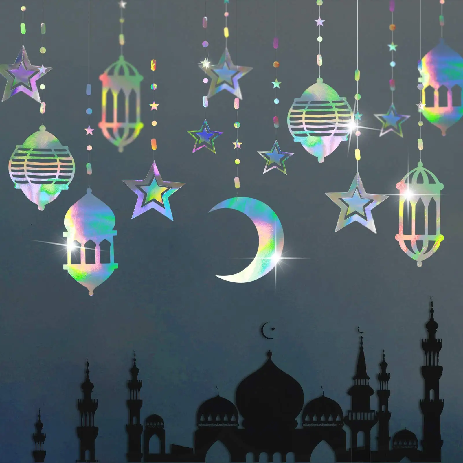 Wholesale Iridescent Star Moon Lantern Ramadan Garland Holographic ...