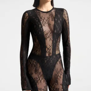 FDL1029 Full Outfits Sexy Sheer Playsuit Mesh One Piece Jumpsuit Sexy Backless Long Jumpsuits Women