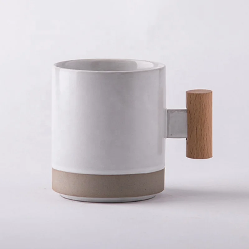 Korean Style Stock Available Color Blue  350 ml 12 oz Ceramic Coffee Mug Cup  with Wood Handle