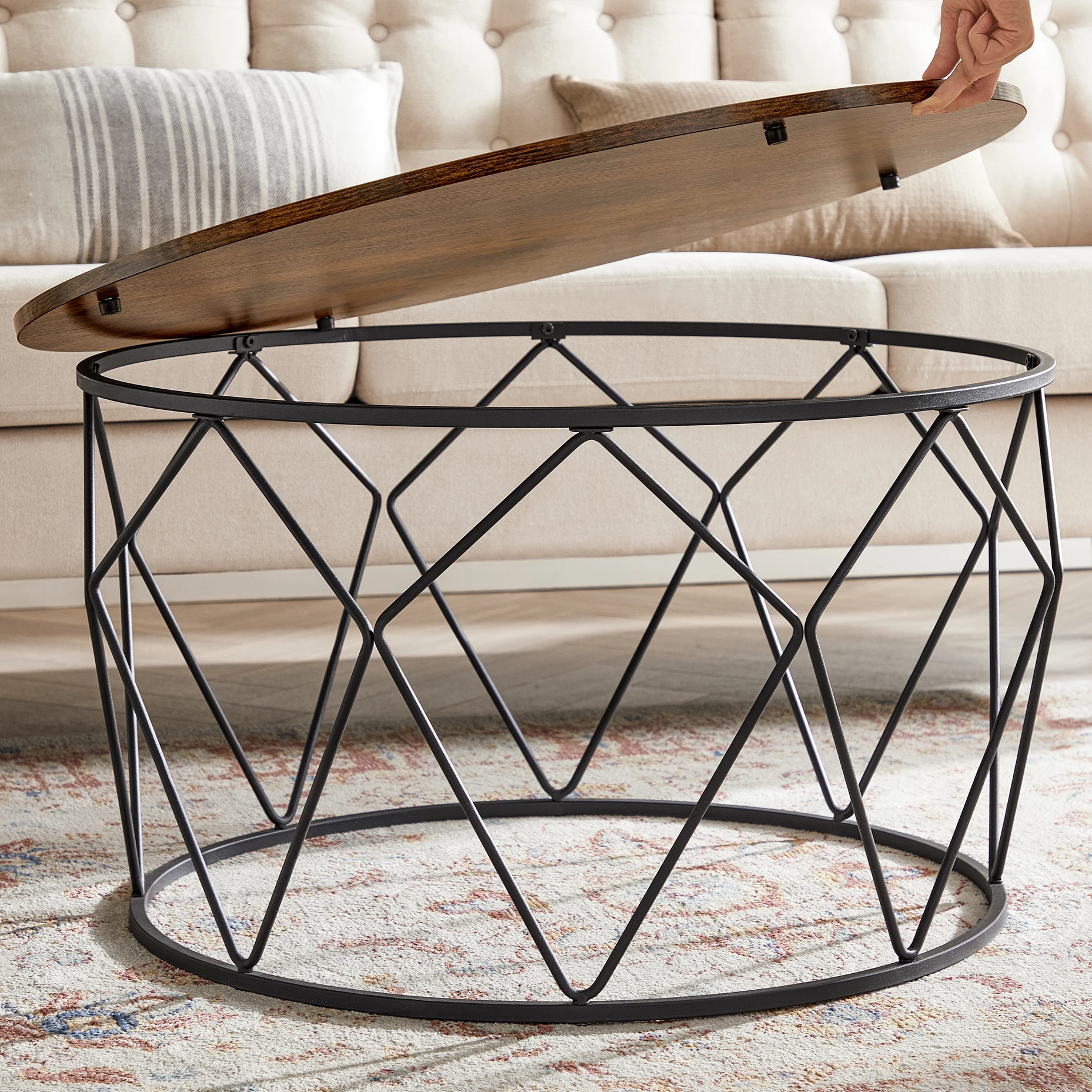 VASAGLE Round Coffee Table Wood and Iron with Detachable Desktop Simple Wooden Coffee Table