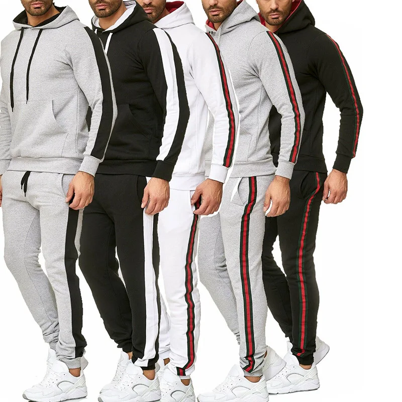 Men Jogging Full Tracksuit Hoodies Gym Contrast Fleece Joggers Set Tracksuit Top & Bottoms Set