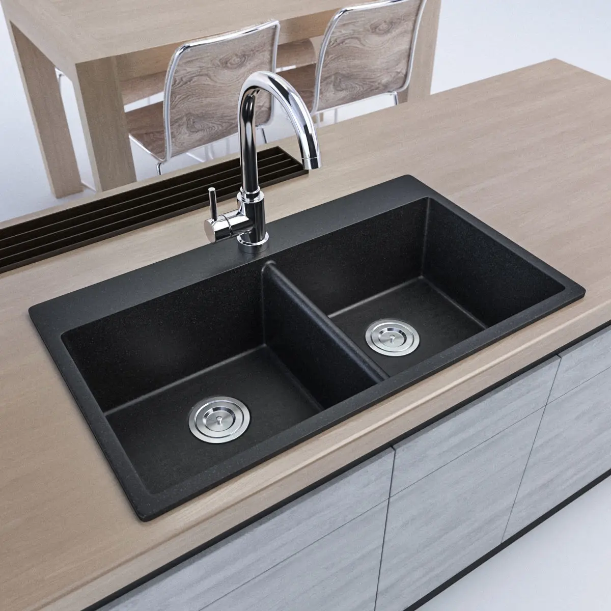 Double Bowl Solid Surface Quartz Composite Granite Modern Matt Black Undermount Farmer  Kitchen Sink