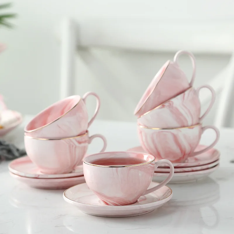 Wholesale Tea Cup Set Of 6 Marble Coffee Cup And Sacuer Pink Tea Set With Gift Box Buy Pink