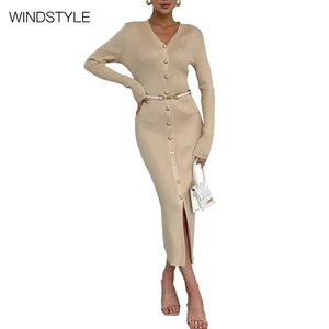 Vintage Fashion Dress V-Neck Knit Single-Row Button Empire Waist Viscose Material Length Natural Print One Fits All