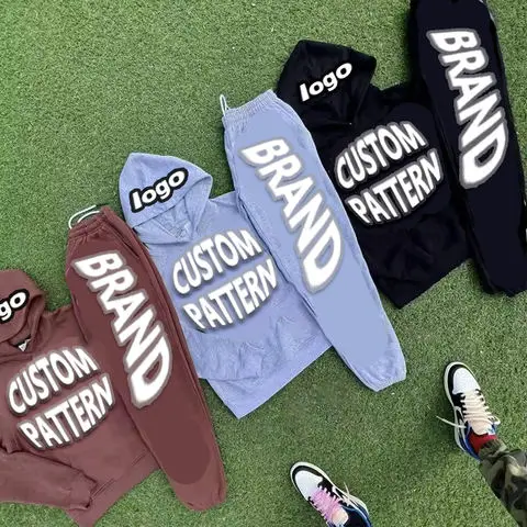 Custom 3D Puff Print Sweatsuits Fleece Tracksuit Set Oversized Cotton Joggers Flared Sweatpants and Hoodie Set Men supplier