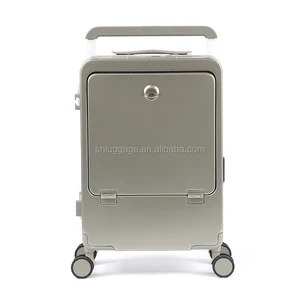 PC Wide Front Open Trolley Suitcase Lightweight Aluminum Travel Bags with Water Cup Holder Fabric Luggage Waterproof Features