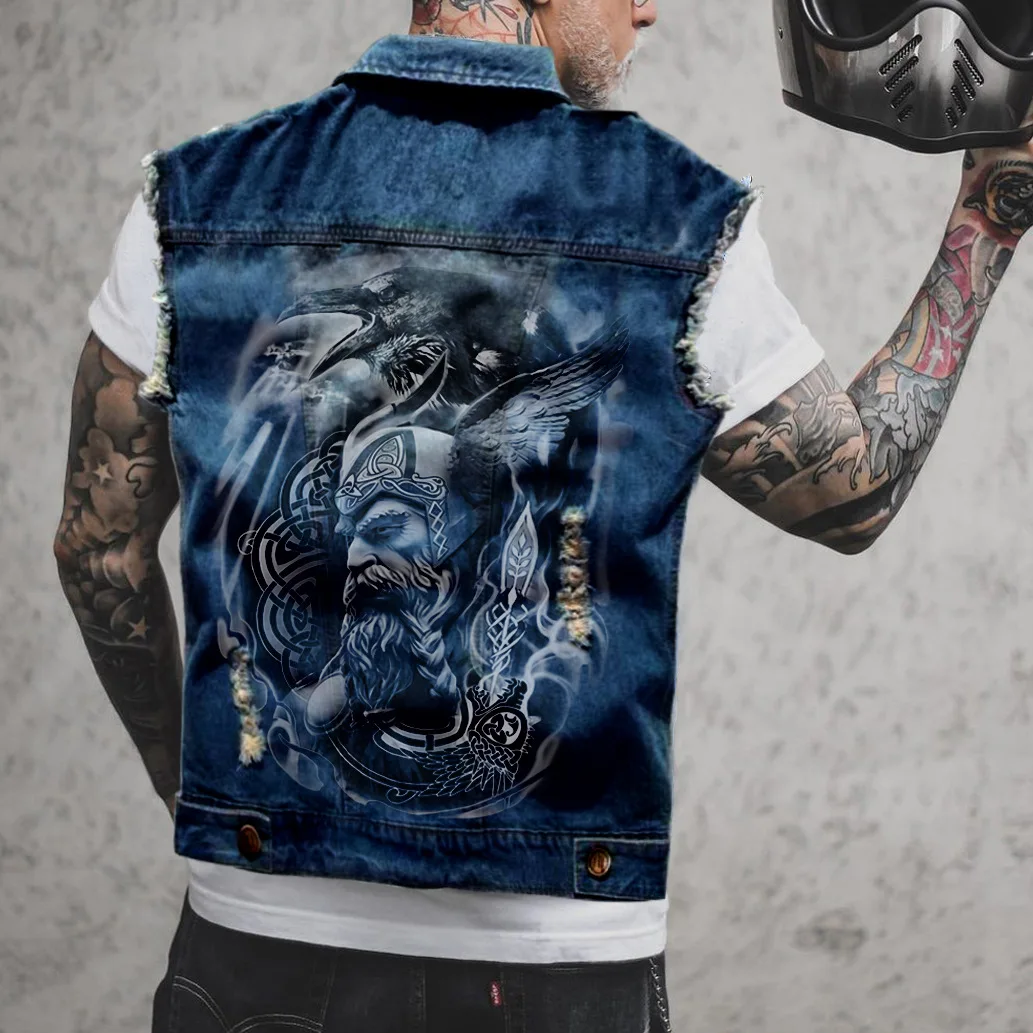 Vintage Denim Vest Jean Vest Black Denim Motorcycle Black Blue Biker Viking Graphic Sleeveless for Men supplier