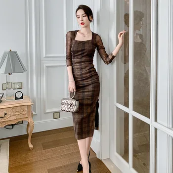 ZYHT 5370 Clothing Suppliers Side Slip Plaid Printed Straight Pencil Vintage Dress for Ladies