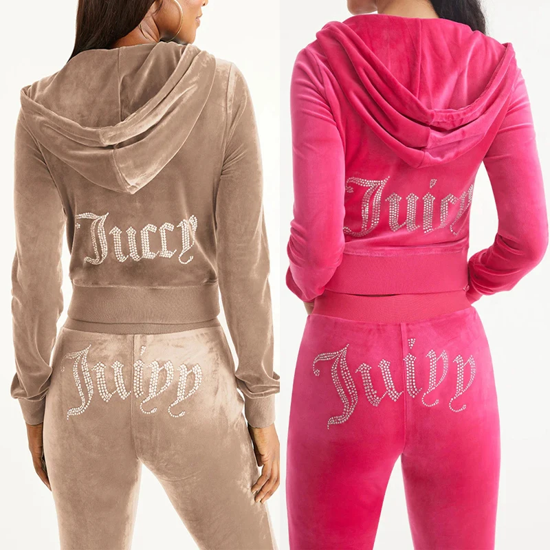 Women Fall Velvet Tracksuit Hood Crop Lounges Sets Rhinestone